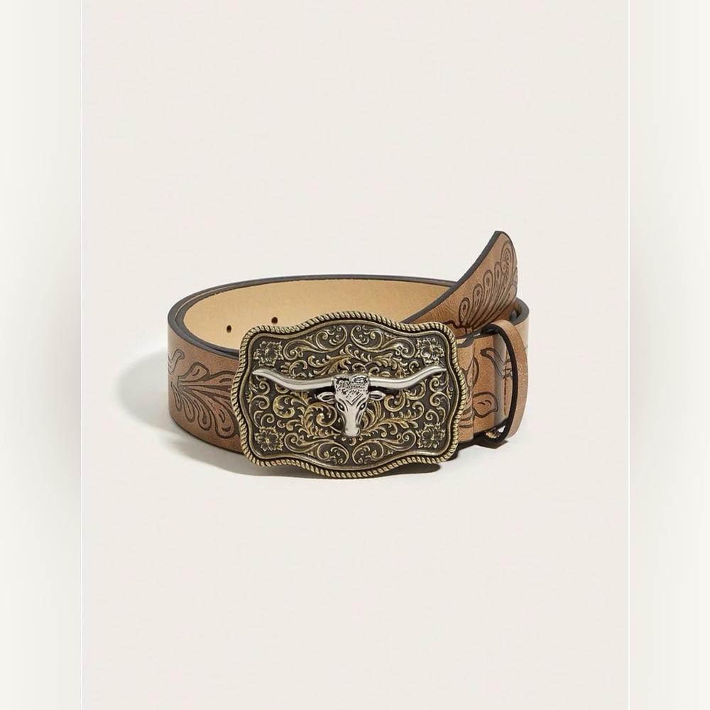 Women’s Western Cowgirl Belt Floral Engraved Leather Longhorn Buckle Brown